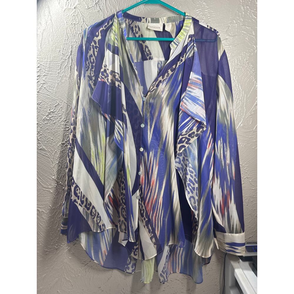 Chico’s Animal‎ Swirls Apryl Shirt Hi-Low Blue Purple Green Size 3 US XL